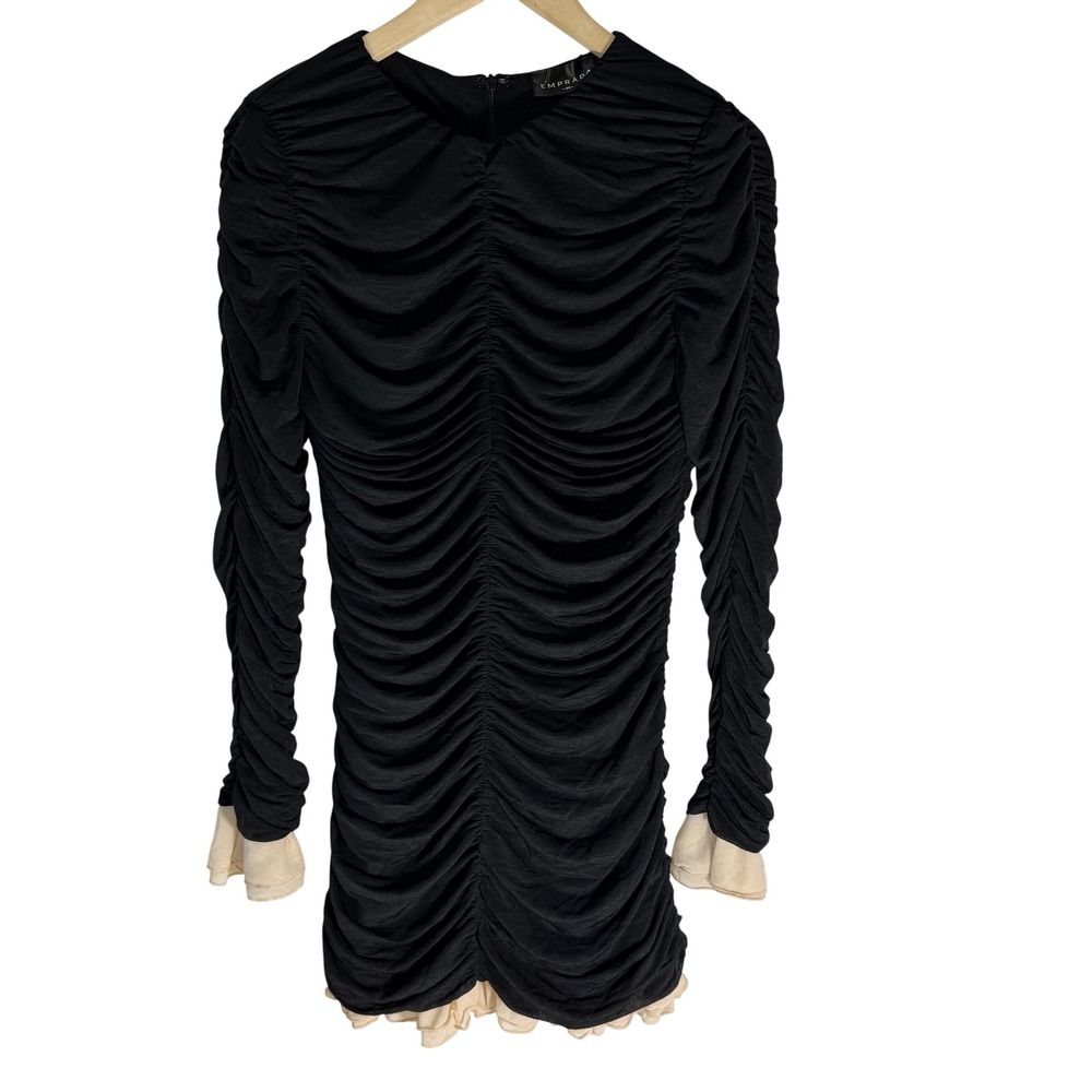 Emprada Black Ruched Long Sleeve Mini Dress Cream Ruffle Trim NWT‎ Size Medium